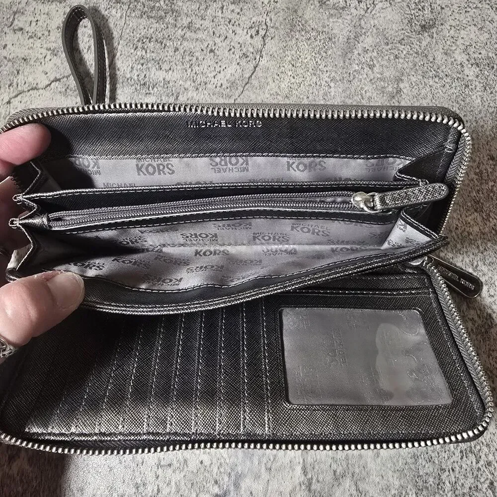 Michael Kors Metallic Zip Around Wallet Silver Mirror Metallic Good Condition